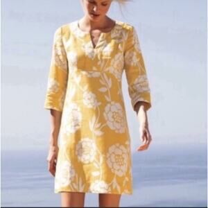 Boden Mustard Yellow Floral Linen Tunic Dress 3/4 Sleeve Size 8R